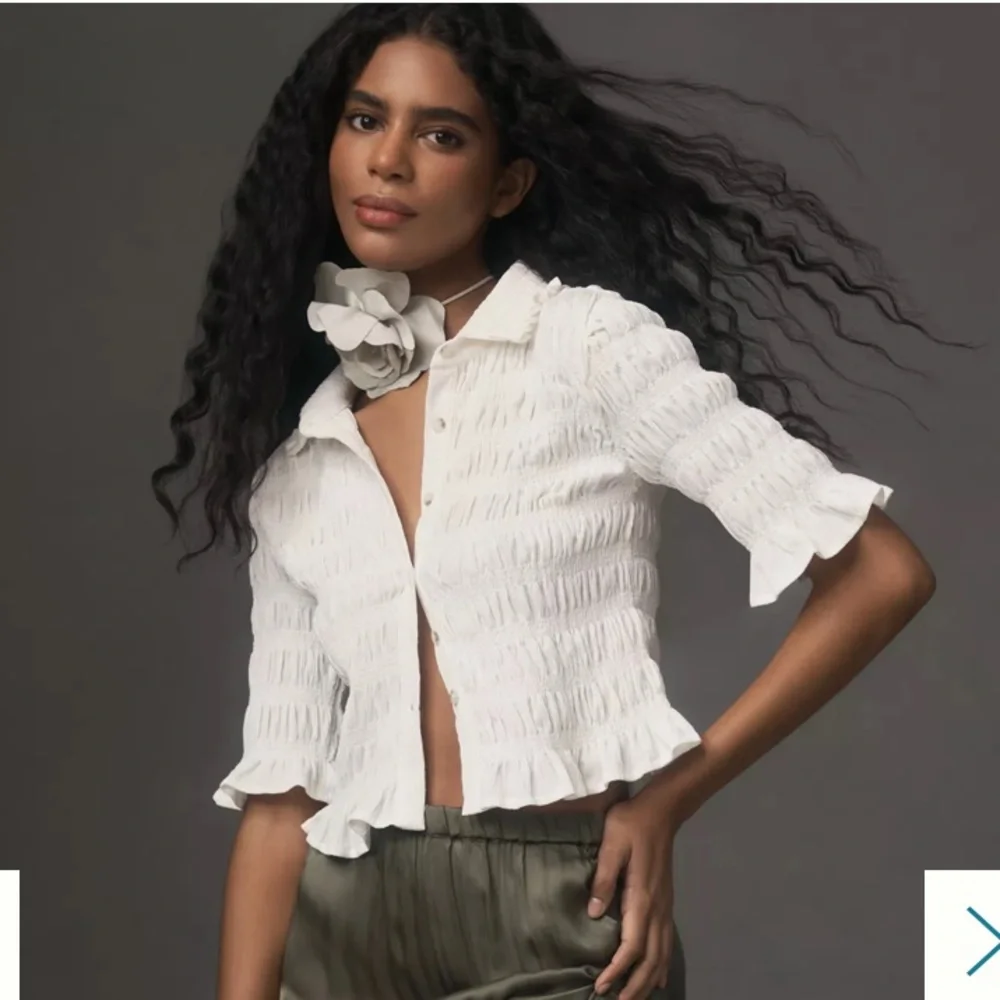 MAEVE Anthropologie Smocked Button Front Top Ivory Natural Cottagecore Chic 2X - Picture 2 of 16